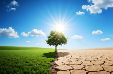 Lone Tree Between Green Field and Dry Land Divided by Climate Change, Save Nature Concept
