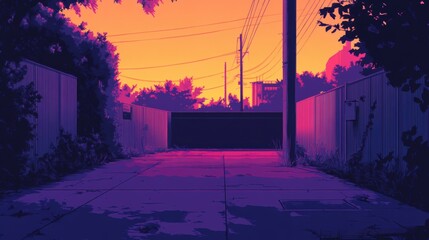 An alleyway at twilight displays a purple gradient scheme