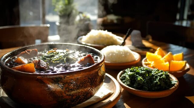 A close-up shot of a hearty Brazilian feijoada dish, with sides of rice, greens, and oranges. The warm light enhances the appeal of the food.