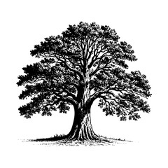 Oak tree sketch engraving black and white outline. Scratch board imitation.  illustrated in vintage line art style on a white background.