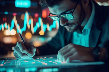 A focused trader writes down key insights while reviewing glowing stock charts. The illuminated background emphasizes the dynamic atmosphere of financial analysis at night