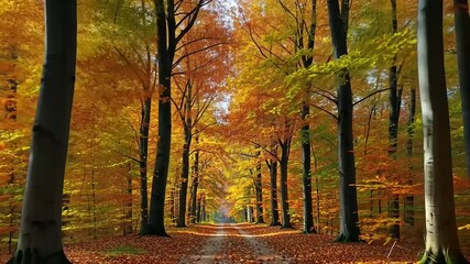 Autumn forest pathway lined with vibrant orange and yellow trees, serene atmosphere inviting exploration
