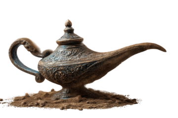 A set of ancient desert Aladdin lamps half-buried in sand with magical shimmering aura, isolated on a transparent background