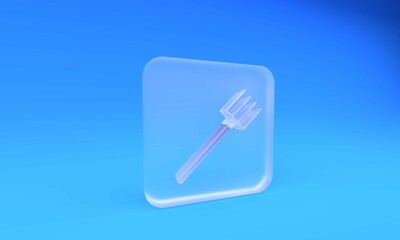 Frosted glass Garden pitchfork icon isolated on blue background. Garden fork sign. Tool for horticulture, agriculture, farming. Square frosted glass button. 3D render illustration