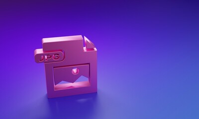 Pink JPG file document. Download image button icon isolated on purple-blue background. JPG file symbol. Minimalism concept. 3D render illustration