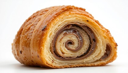 A close-up image of a golden brown pain au chocolat (chocolate croissant) seen from the side, showing the spiral layers of flaky puff pastry