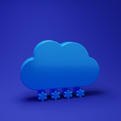 Blue Cloud with snow icon isolated on blue background. Cloud with snowflakes. Single weather icon. Snowing sign. Minimalism concept. 3D render illustration