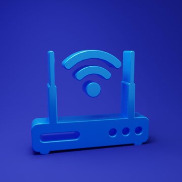 Blue Router and wi-fi signal symbol icon isolated on blue background. Wireless ethernet modem router. Computer technology internet. Minimalism concept. 3D render illustration