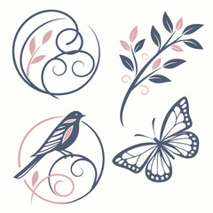 Fototapeta premium Elegant floral butterfly bird design elements png