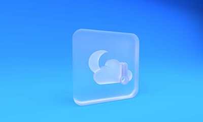 Frosted glass Thermometer and cloud with moon icon isolated on blue background. Square frosted glass button. 3D render illustration