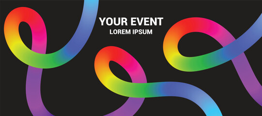Fototapeta premium Abstract Backgrounds with Color Squiggle Lines Graffiti Gradient. Fun colorful line doodle pattern, Linear Rainbow Gradient Swoosh Shapes Design Elements. 3D Wave on Black. Fluid Graphics Swirl Ribbon