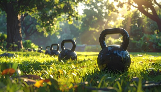 Kettlebells On Grass During Outdoor Fitness Bootcamp In The Sunlight