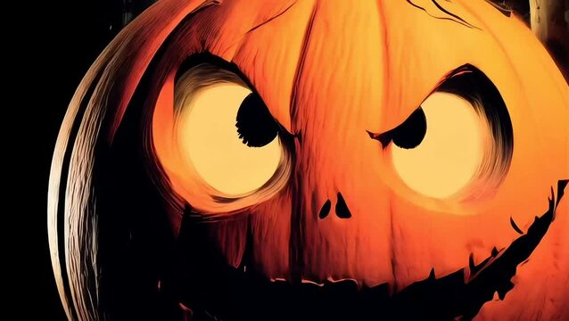Spooky Halloween pumpkin character zooming in and talking