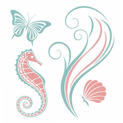 Elegant seahorse butterfly shell design elements transparent background