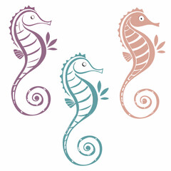 Three cute stylized seahorses ocean life design