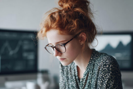 A woman leveraging an AI algorithm to understand complex data trends in a modern office setting.