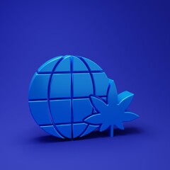 Blue Legalize marijuana or cannabis globe symbol icon isolated on blue background. Hemp symbol. Minimalism concept. 3D render illustration