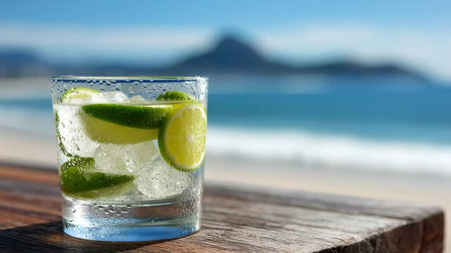 A refreshing caipirinha cocktail with lime and ice on a wooden table, overlooking a beautiful beach.