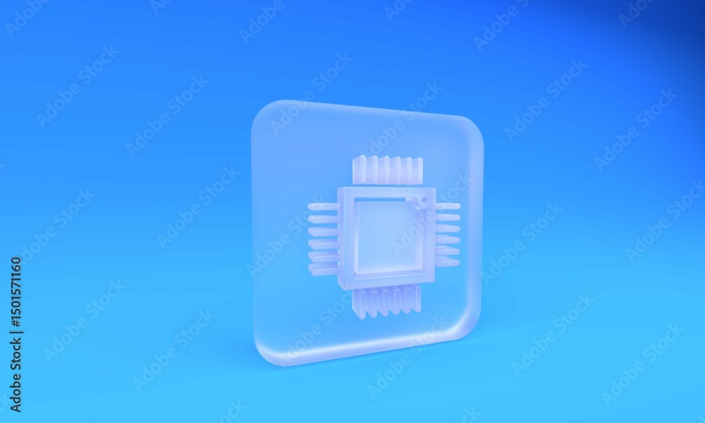 Poster frosted glass computer processor with microcircuits cpu icon isolated on blue background. chip or cp