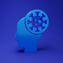 Blue Human and virus icon isolated on blue background. Corona virus 2019-nCoV. Bacteria and germs, cell cancer, microbe, fungi. Minimalism concept. 3D render illustration