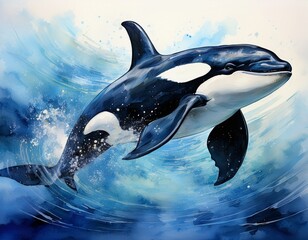 Obraz premium Eleganter Schwertwal im Ozean – Aquarell in Blau-Schwarz