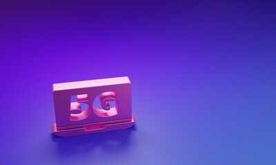 Pink Laptop with 5G new wireless internet wifi icon isolated on purple-blue background. Global network high speed connection data rate technology. Minimalism concept. 3D render illustration