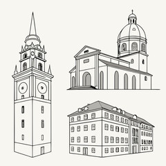 Professional line art buildings clock tower church house