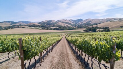 Obraz premium Vineyard Rows Leading to Rolling Hills Under a Summer Sky