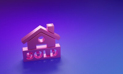 Pink Hanging sign with text Sold icon isolated on purple-blue background. Sold sticker. Sold signboard. Minimalism concept. 3D render illustration