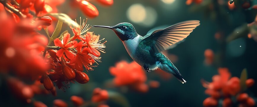 Hummingbird gracefully drinks nectar from vivid red flowers in a lush garden - Powered by Adobe