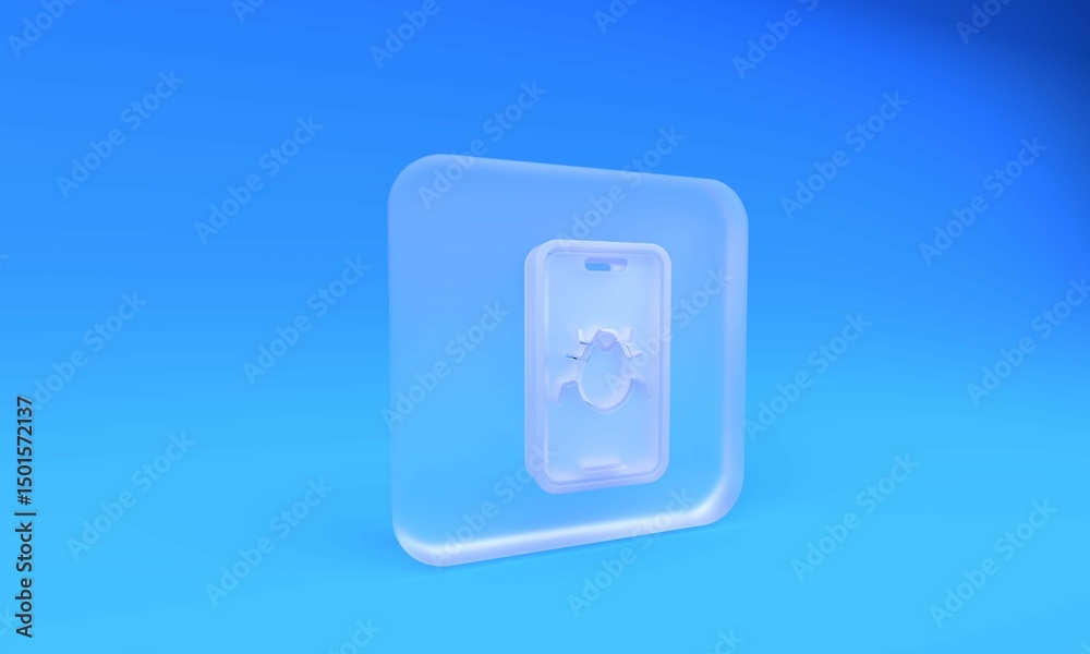 Poster frosted glass system bug on mobile icon isolated on blue background. code bug concept. bug in the sy