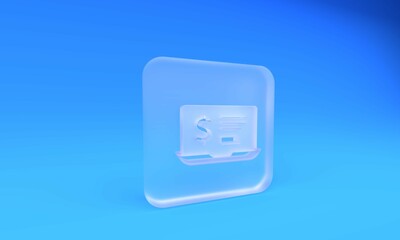 Frosted glass Laptop with dollar icon isolated on blue background. Sending money around the world, money transfer, online banking, financial transaction. 3D render illustration