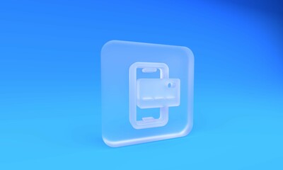 Frosted glass Mobile banking icon isolated on blue background. Transfer money through mobile banking on the mobile phone screen. Square frosted glass button. 3D render illustration