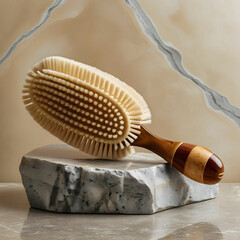 A luxurious spa body brush lies atop a pol