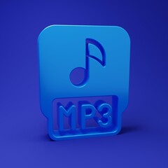 Blue MP3 file document. Download mp3 button icon isolated on blue background. Mp3 music format sign. MP3 file symbol. Minimalism concept. 3D render illustration