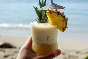 A hand holds a refreshing tropical cocktail featuring a vibrant pineapple slice and colorful umbrella. The beach waves create a serene background under clear skies