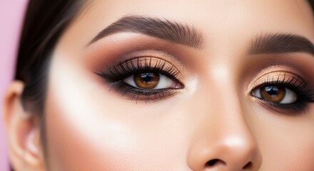 Obraz premium Close up of womans eyes with glamorous brown and gold shimmer eye makeup and winged eyeliner
