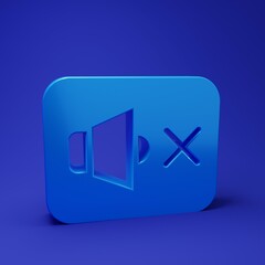 Blue Speaker mute icon isolated on blue background. No sound icon. Volume Off symbol. Minimalism concept. 3D render illustration