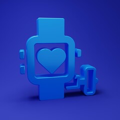 Blue Smart watch showing heart beat rate icon isolated on blue background. Fitness App concept. Minimalism concept. 3D render illustration