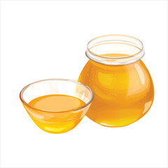 Illustration of transparent glass bowl and jar containing sweet fresh honey