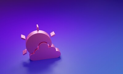 Pink Sun and cloud weather icon isolated on purple-blue background. Minimalism concept. 3D render illustration