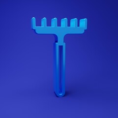 Blue Garden rake icon isolated on blue background. Tool for horticulture, agriculture, farming. Ground cultivator. Housekeeping equipment. Minimalism concept. 3D render illustration