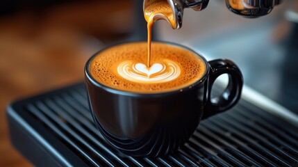 Coffee being poured into a black cup with latte art at a cafe during morning hours