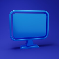 Blue Computer monitor screen icon isolated on blue background. Electronic device. Front view. Minimalism concept. 3D render illustration
