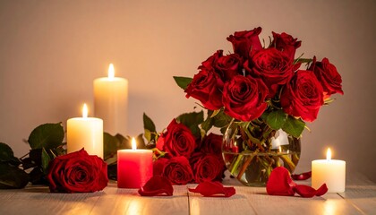 Romantic Red Roses and Candlelight on a Wooden Surface