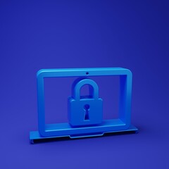 Blue Laptop and lock icon isolated on blue background. Computer and padlock. Security, safety, protection concept. Safe internetwork. Minimalism concept. 3D render illustration