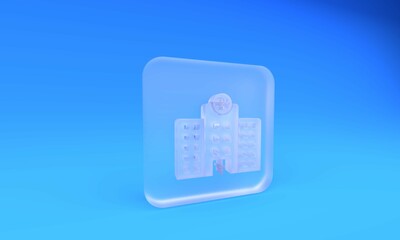 Frosted glass Veterinary medicine hospital, clinic or pet shop for animals icon isolated on blue background. Vet or veterinarian clinic. Square frosted glass button. 3D render illustration