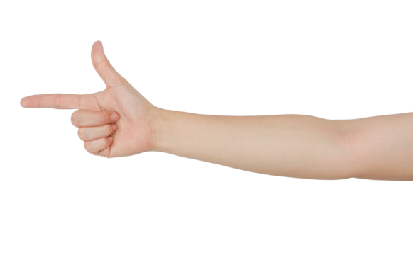 A human hand pointing to the left with a transparent background.