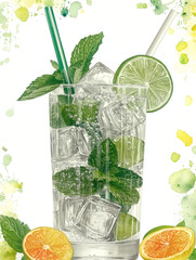 Watercolor illustration of refreshing mojito cocktail. Fresh mint leaves, lime slices and ice cubes, soda bubbles in tall glass on watercolor background. For summer menu, lemonades, drinks promotions.