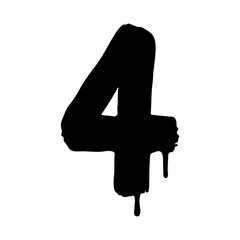 Bold black number four in a grunge brushstroke style with rough edges and dripping ink effect. Grunge style number four black ink illustration. Vector illustration
